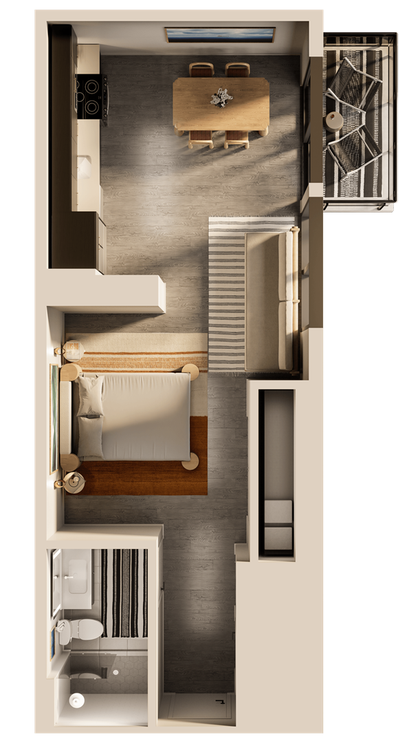 A top-down view of a small apartment with a kitchen